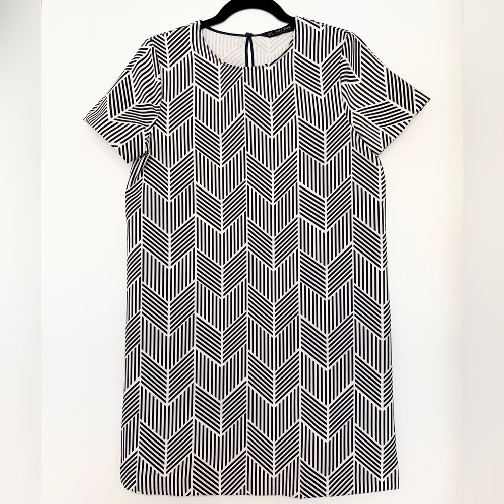 Zara Shift Dress Navy White Chevron Print Size M Mini Dress